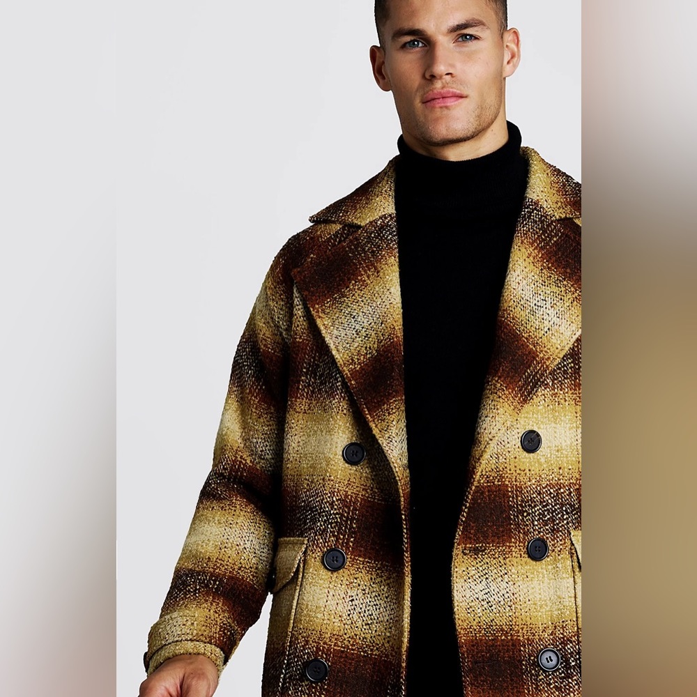 Boohooman Men’s Longline Check Double Breasted Overcoat Size Medium